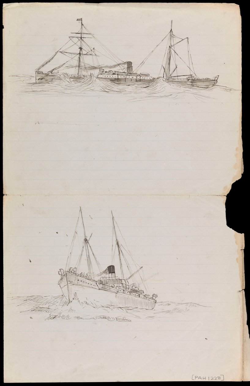 PAH1228; Bocetos de un acorazado y otros dos buques de la Royal Navy (dibujo) de John Everett