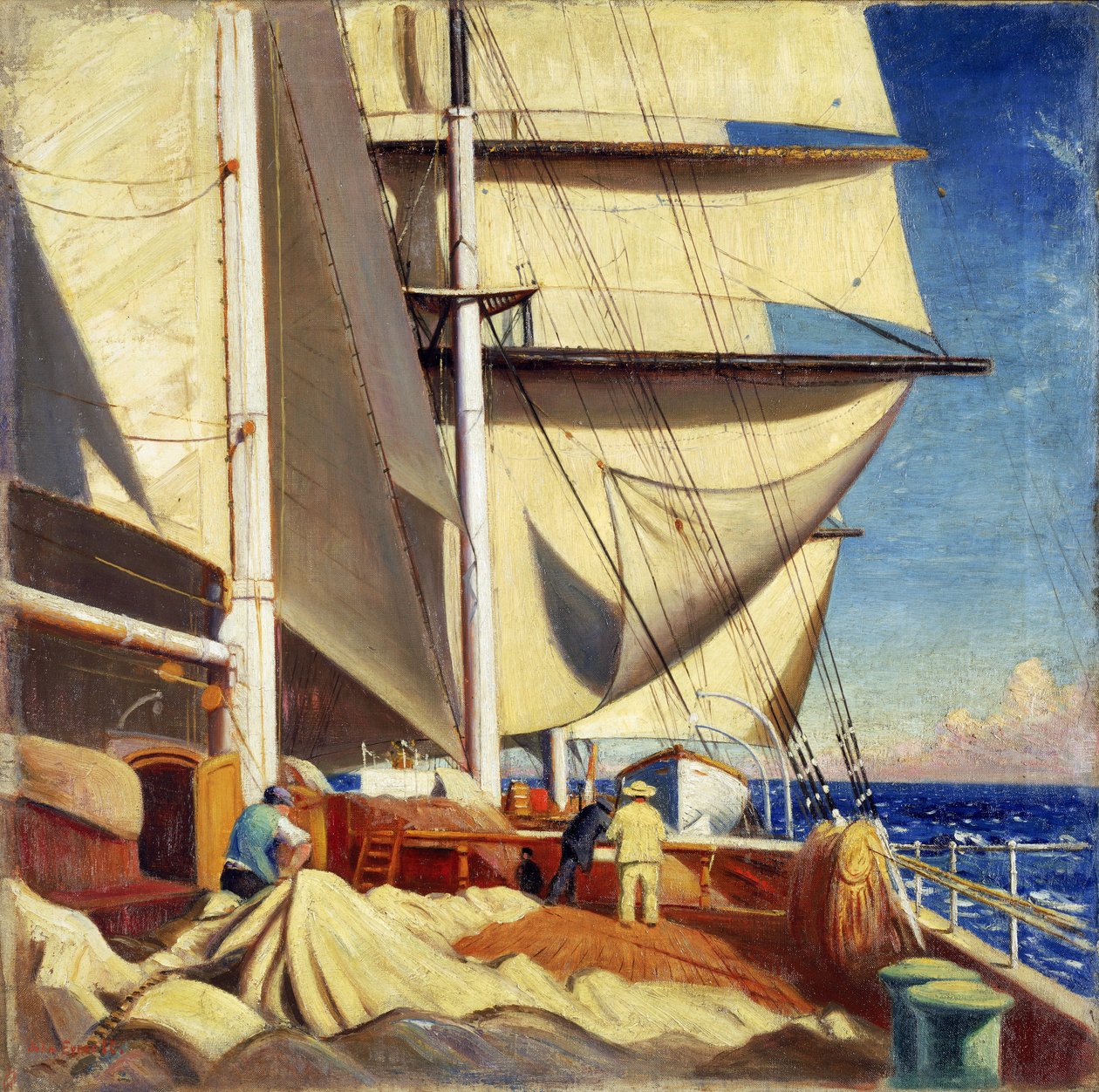 Reparación de las velas a bordo del "Brickdale", durante un viaje desde Bristol, a Sabine Pass, Texas (Estados Unidos, Estados Unidos), entre abril y junio de 1920. de John Everett