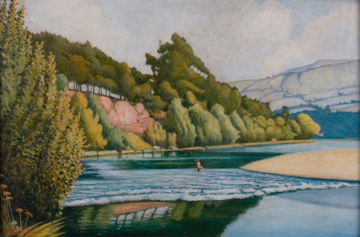Escena fluvial con pescador (óleo sobre lienzo) de John Everett