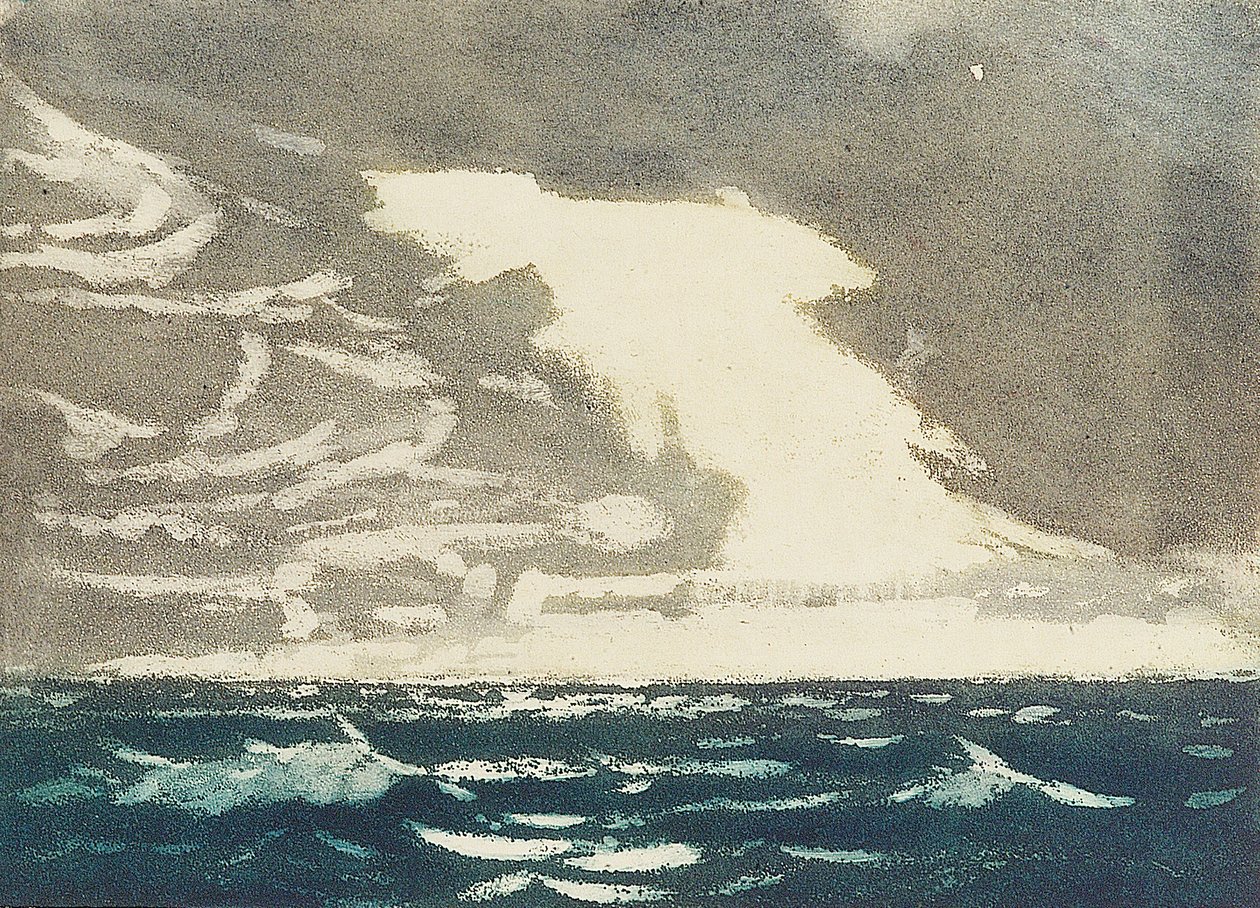 Paisaje marino - mar verde y cielo tormentoso azul grisáceo 2, siglo XX (aguatinta coloreada) de John Everett