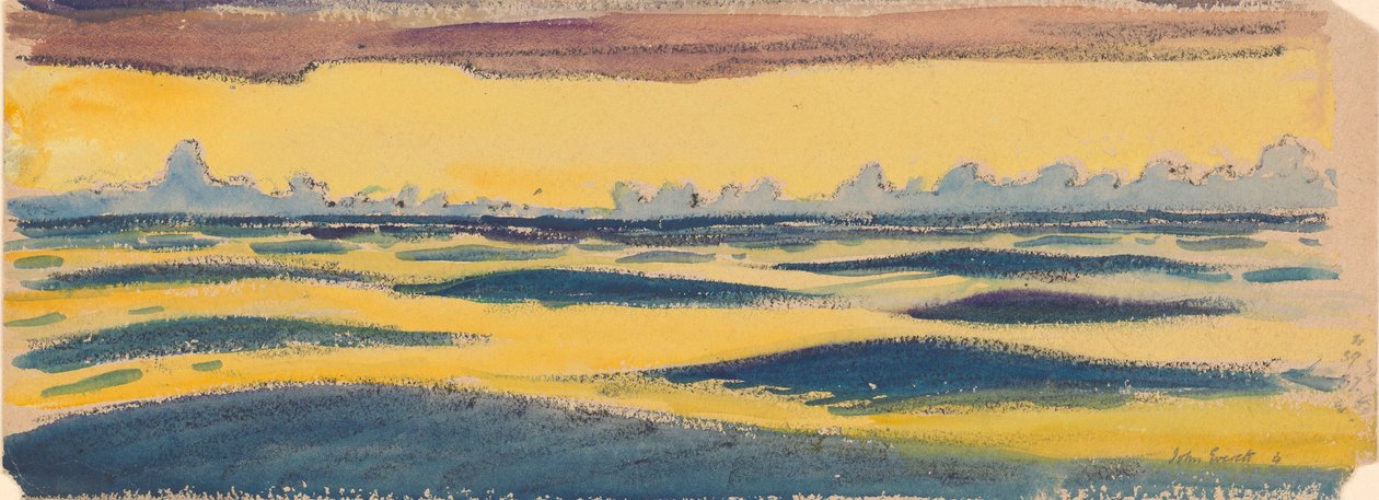 Paisaje marino, azul oscuro y nubes amarillas y marrones, finales del siglo XIX - mediados del siglo XX (acuarela, grafito, pastel) de John Everett