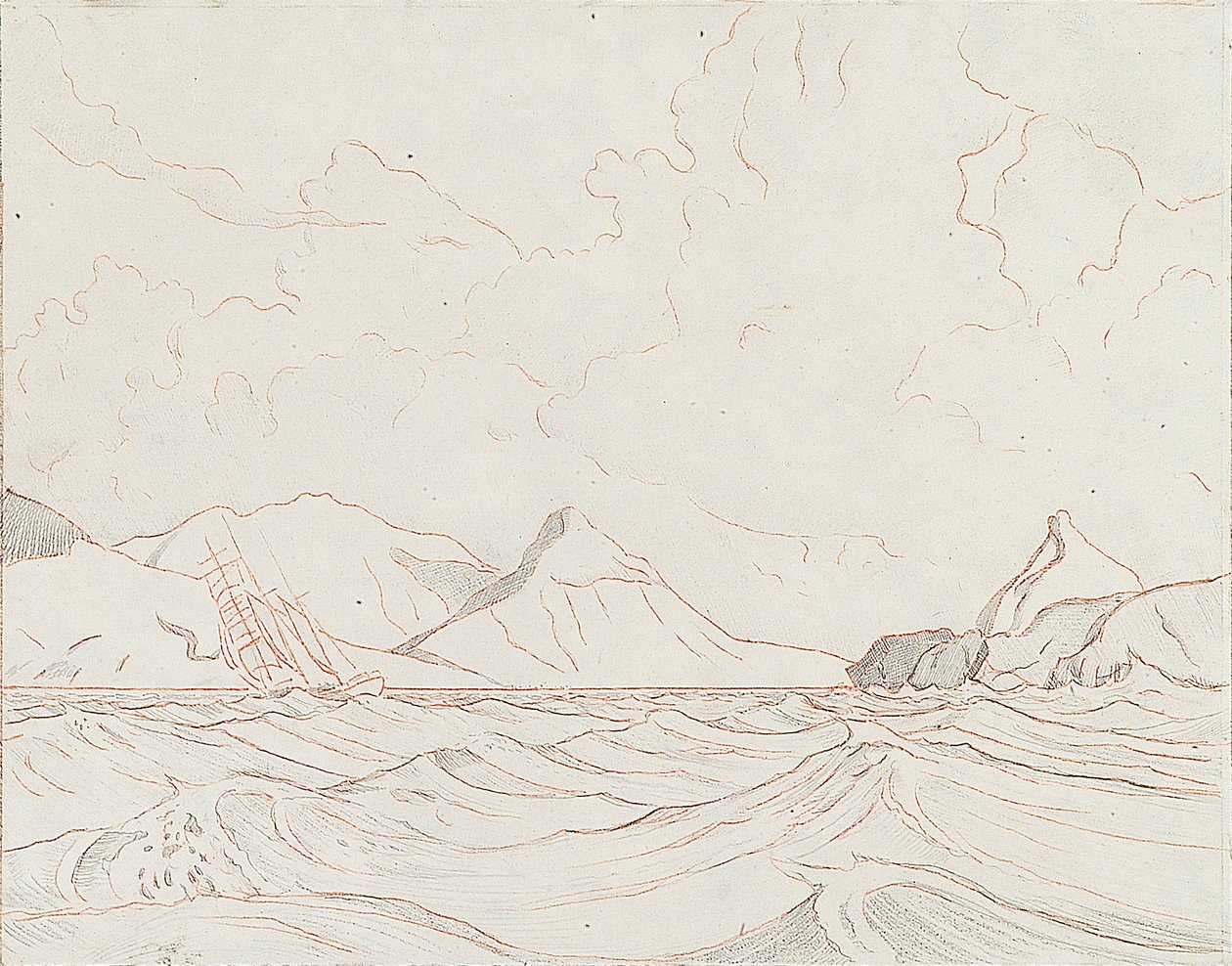 Paisaje marino con barco pasando por tierra (1), principios del siglo XX (grafito, lápiz de color marrón) de John Everett
