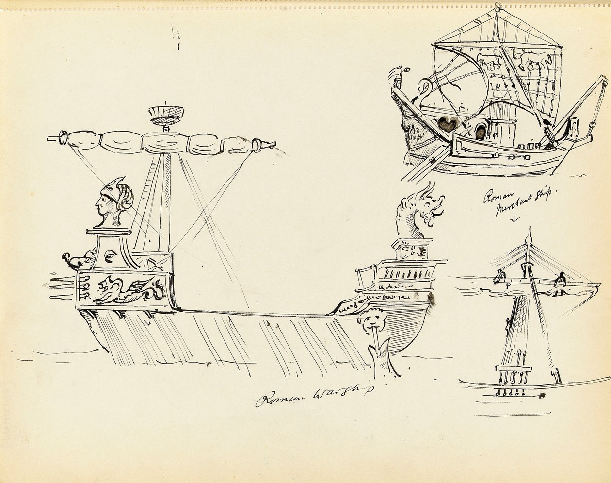 Boceto de un buque de guerra romano, parte de un buque mercante romano y un navío con las velas desplegadas, principios del siglo XX (pluma, tinta negra) de John Everett