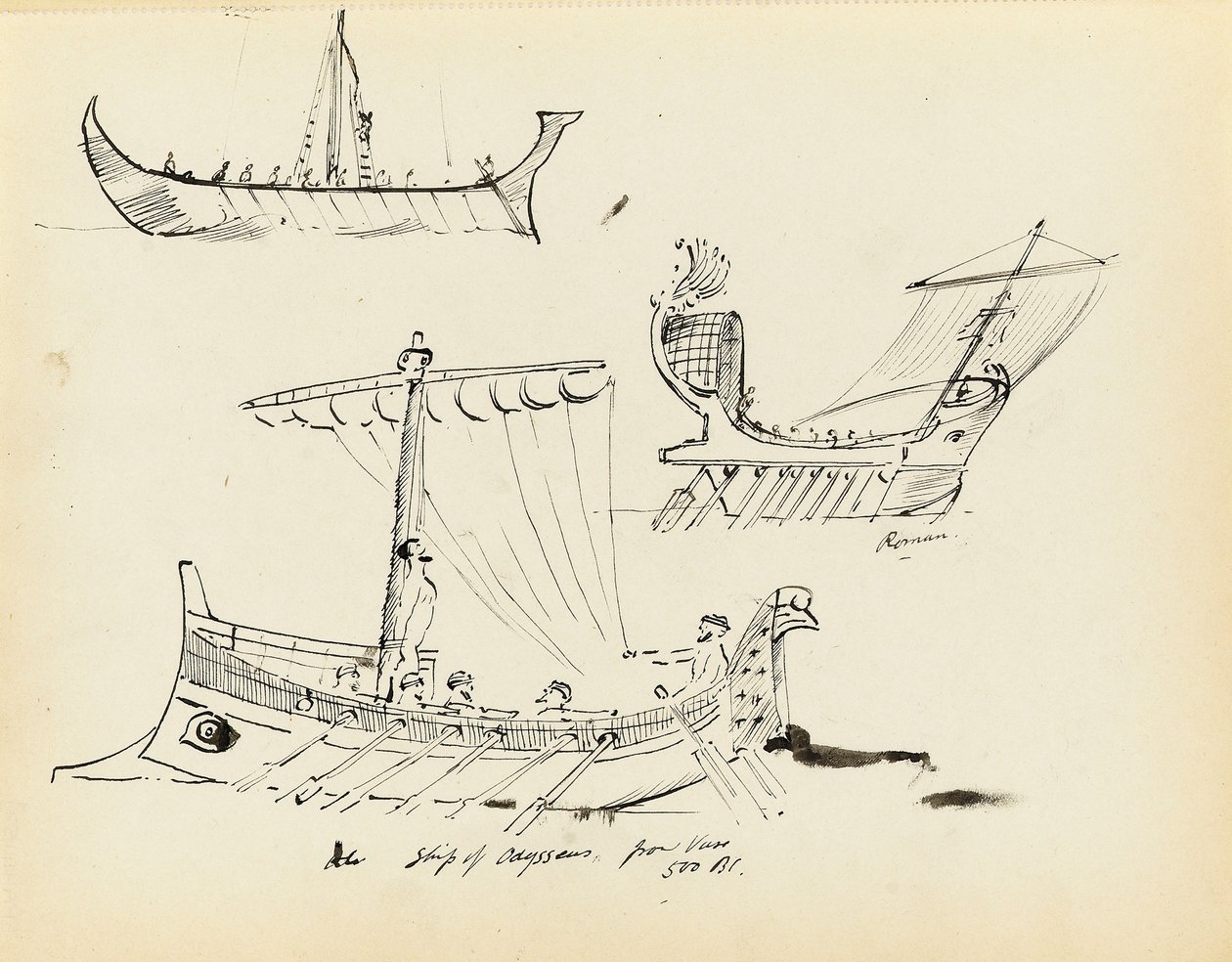 Bocetos de embarcaciones primitivas, incluida una nave romana de velas y remos y la nave de Odiseo, 500 a.C. (de un vaso), principios del siglo XX (bolígrafo, tinta negra) de John Everett