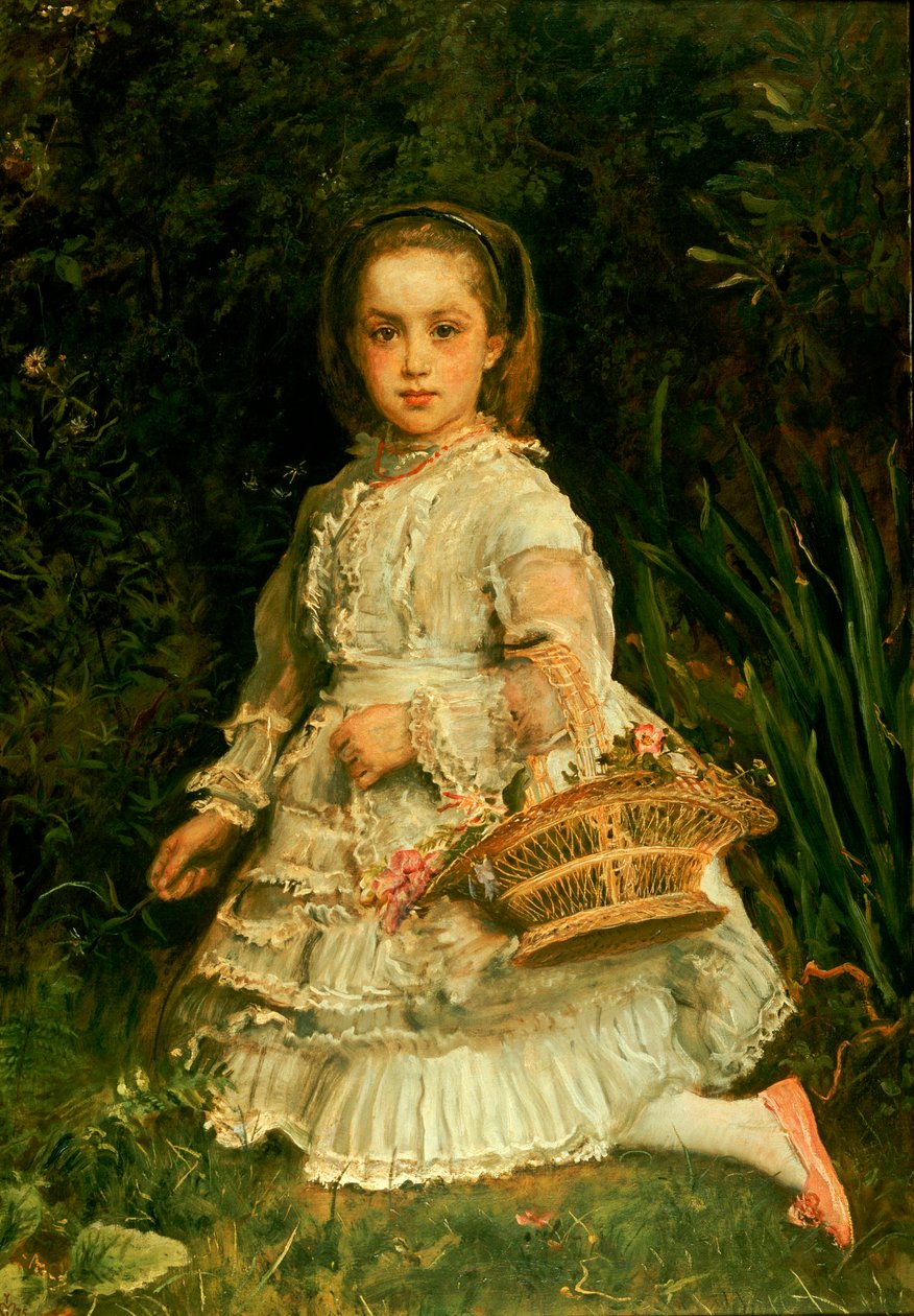 Retrato de Gracia, de cuerpo entero, con un vestido blanco, recogiendo flores silvestres de John Everett Millais