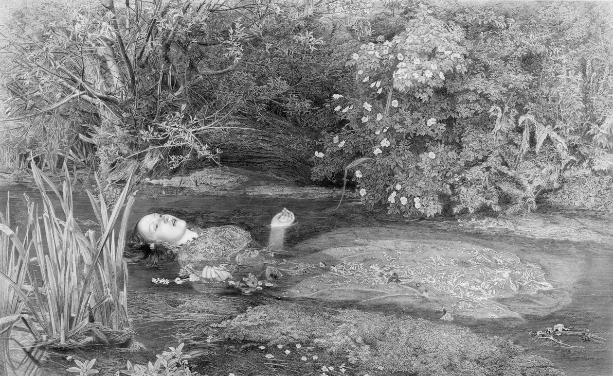 Ofelia, grabado por Alfred Smith (1810-fl.1870s) publicado por Henry Graves & Co., 1864 de John Everett after Millais