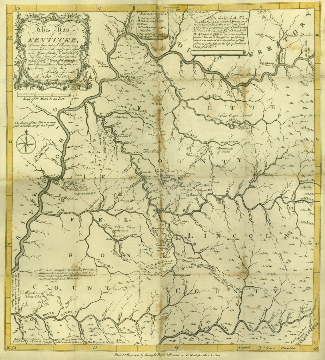 Mapa de Kentucky, grabado por Henry D. Pursell, impreso por T. Rook, Filadelfia, 1784 de John Filson
