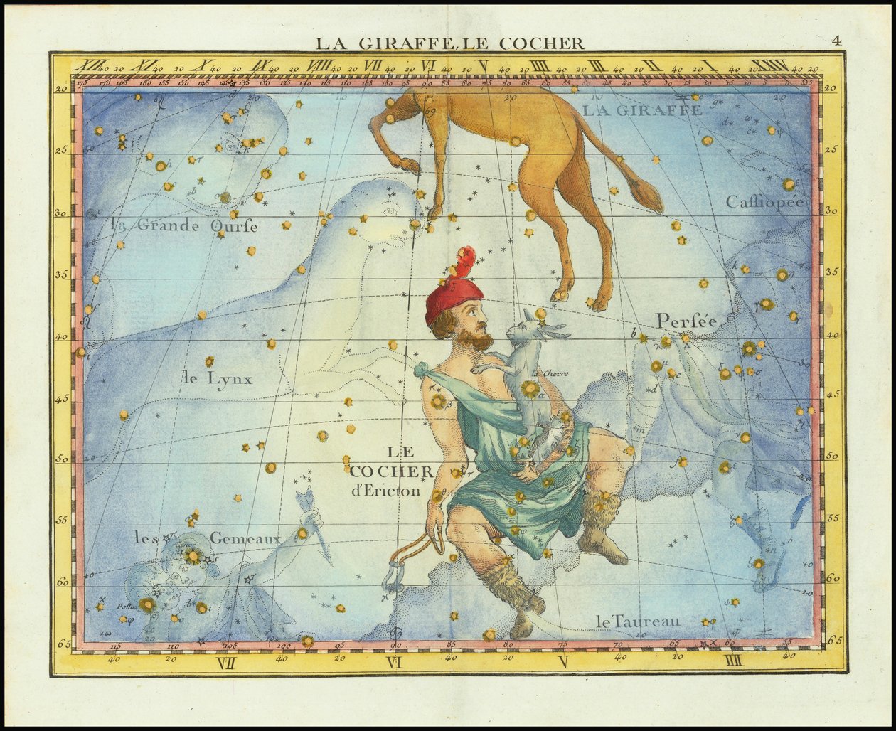 Carta estelar de 1776 de las constelaciones de Camelopardal y Auriga y constelaciones vecinas, del Atlas Celeste de Flamsteed de Fortin. de John Flamsteed
