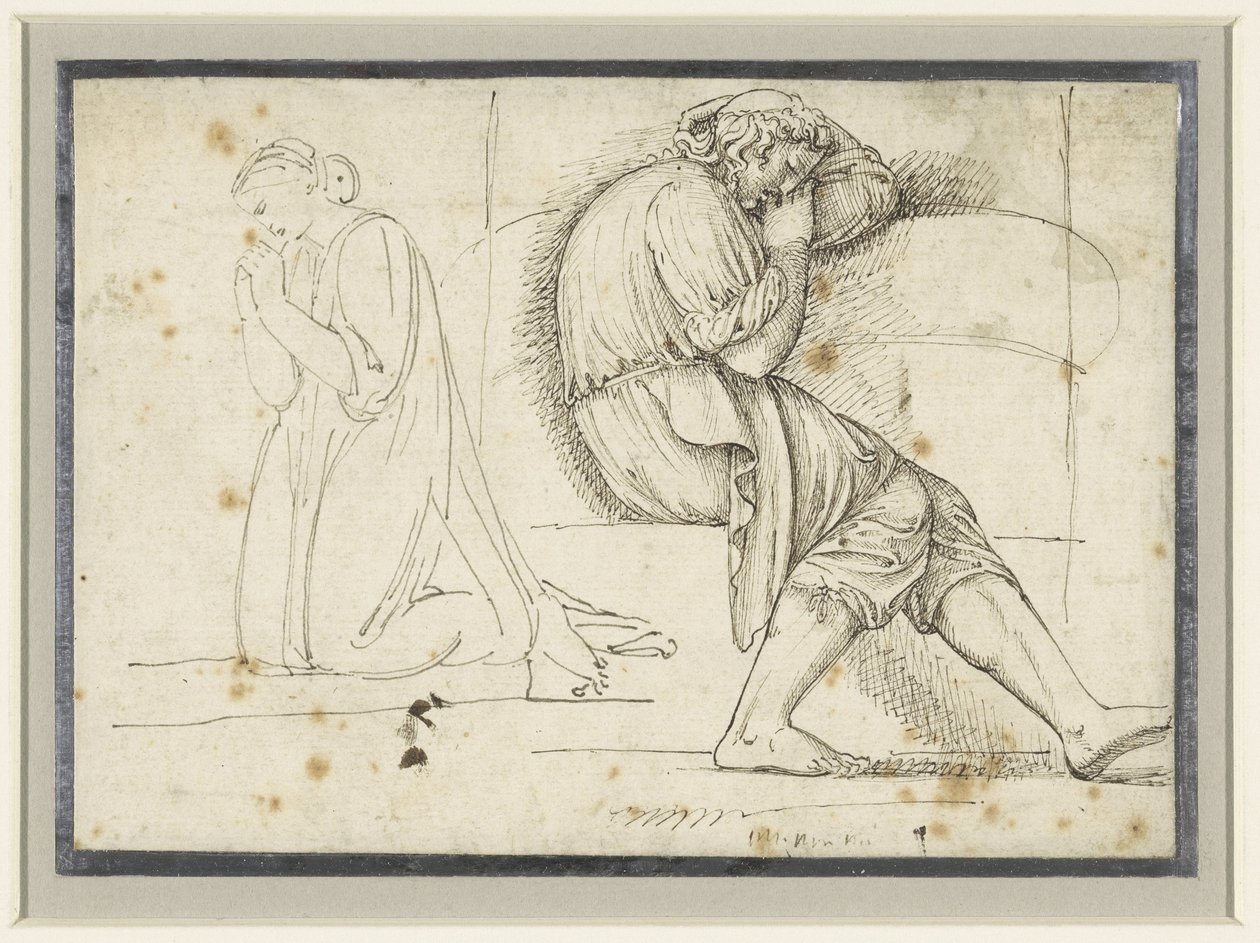 Hoja de estudio con un joven dormido y una mujer arrodillada rezando de John Flaxman (II)