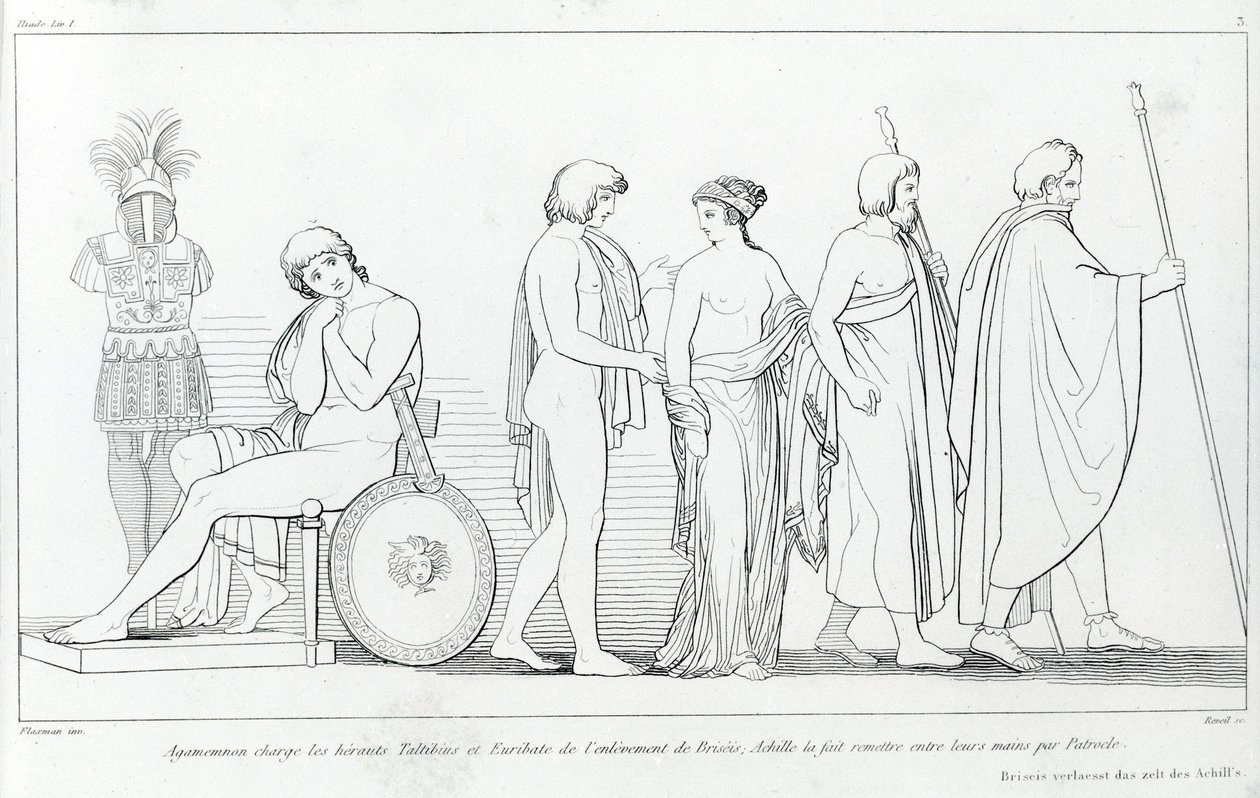 Agamenón encargó a los heraldos Taltibio y Euribates el secuestro de Briseida; Aquiles la entregó en sus manos por Patroclo. Dibujo de John Flaxman (1755 - 1826). La Ilíada de Homero. Canto I. de John Flaxman