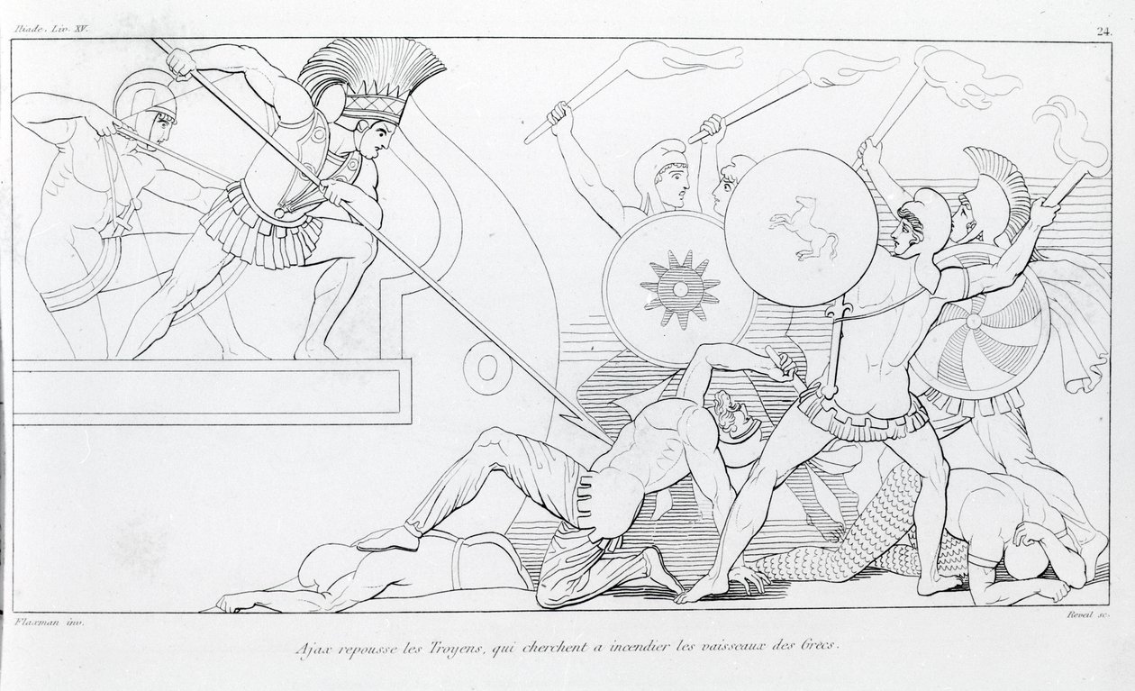 Áyax repele a los troyanos que buscan quemar los barcos griegos. Dibujo de John Flaxman (1755 - 1826). La Ilíada de Homero. Canto XV. de John Flaxman