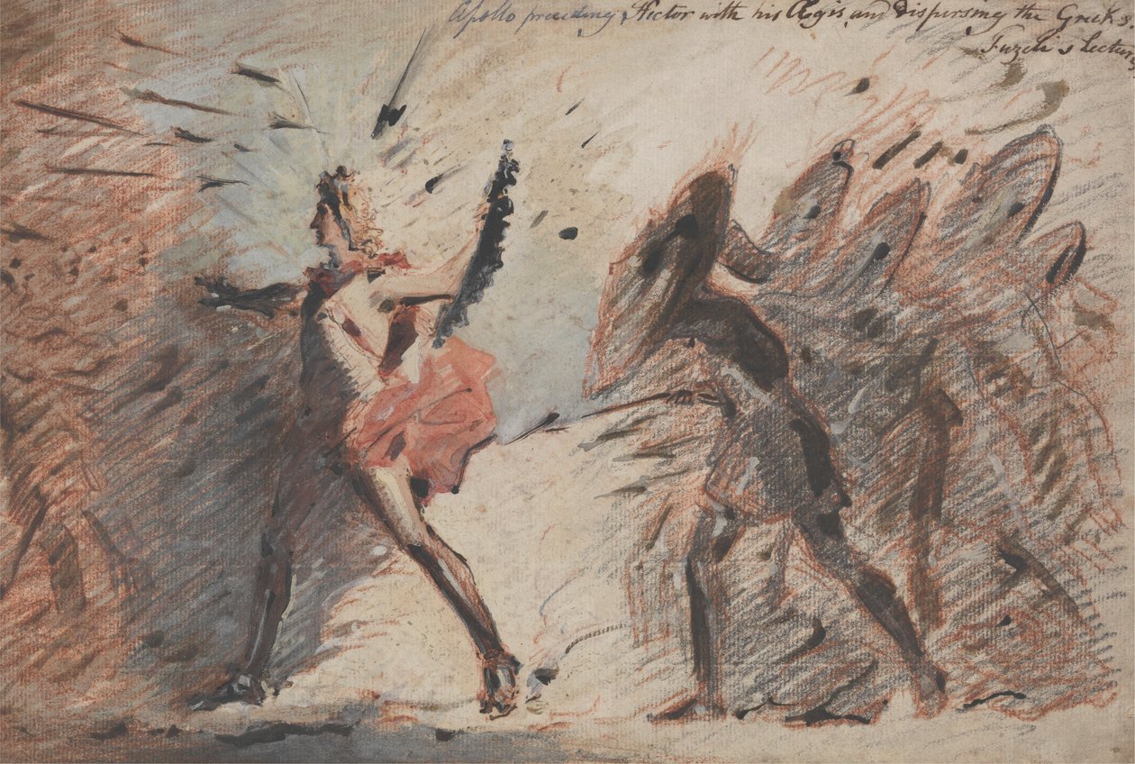 Apolo precede a Héctor con su égida y dispersa a los griegos, conferencias de Fuseli de John Flaxman