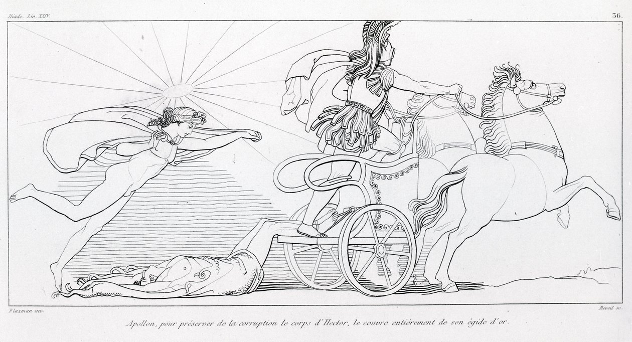 Apolo, dios del Sol, para preservar el cuerpo de Héctor lo cubre completamente con su égida dorada. Canto XXIV. Dibujo de John Flaxman (1755 - 1826). La Ilíada de Homero de John Flaxman