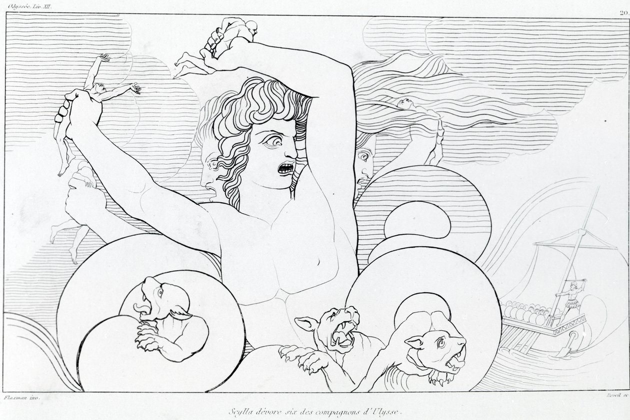 Episodio de Caribdis y Escila: seis compañeros de Ulises son devorados. La Odisea de Homero. Canto XII. de John Flaxman
