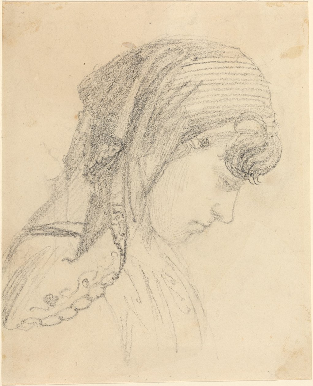 Cabeza de una mujer con pañuelo, mirando hacia abajo de John Flaxman