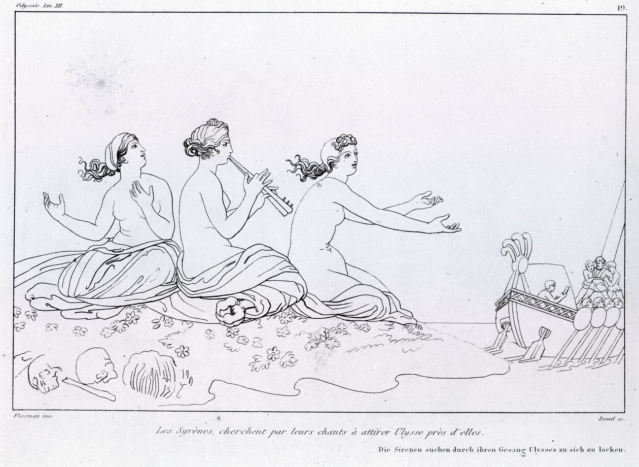 Las sirenas buscan con su canto atraer a Ulises. La Odisea de Homero. Canto XII. de John Flaxman