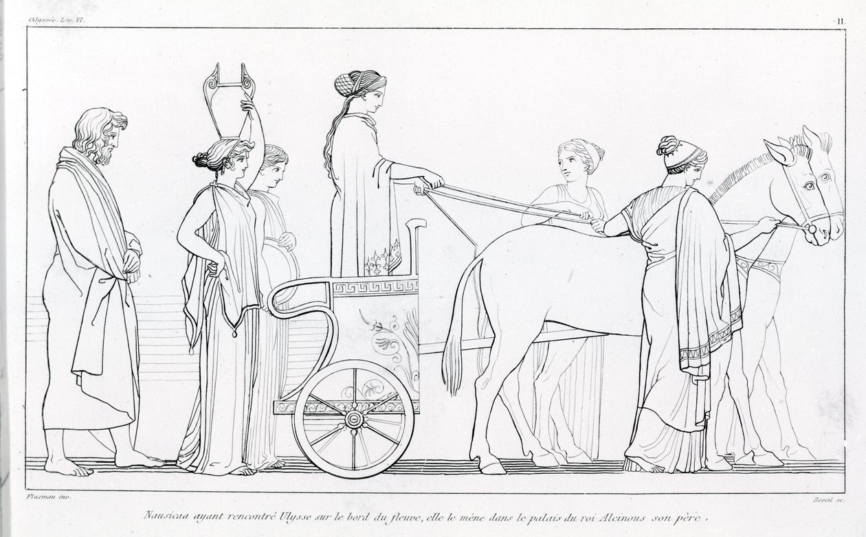 Nausicaa, que acaba de conocer a Ulises, lo lleva de regreso al palacio de su padre, el rey Alkinoos. Dibujo de John Flaxman (1755 - 1826). La Odisea de Homero. Canto VI. de John Flaxman