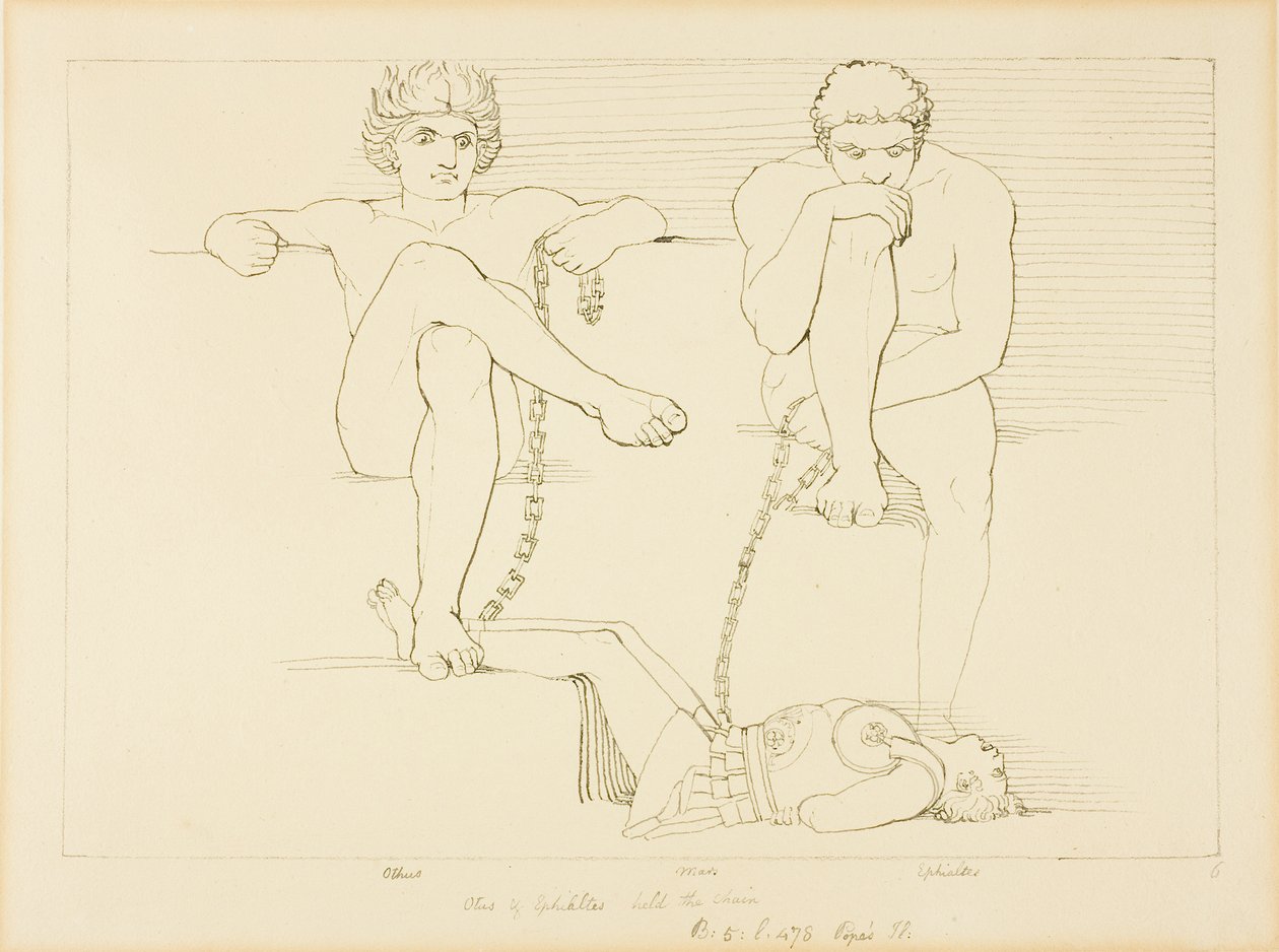 Othus y Ephialtes mantienen cautivo a Ares de John Flaxman