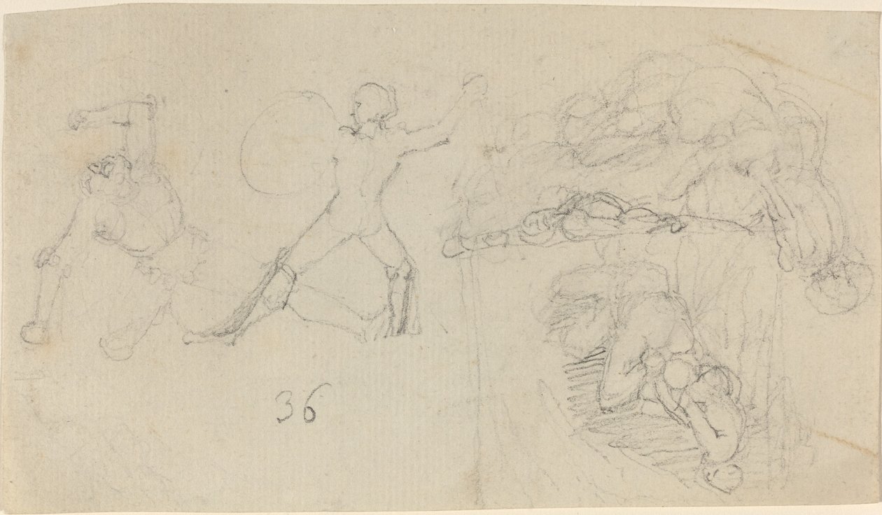 Hoja de bocetos, incluyendo dos guerreros luchando de John Flaxman