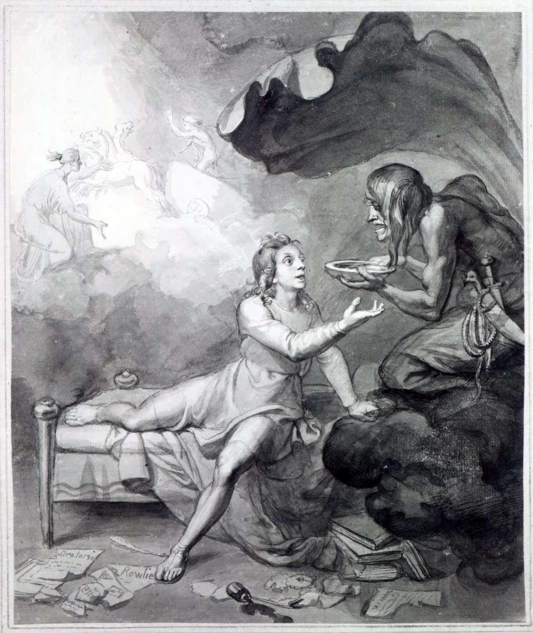 Thomas Chatterton recibe un cuenco de veneno de la Desesperación de John Flaxman