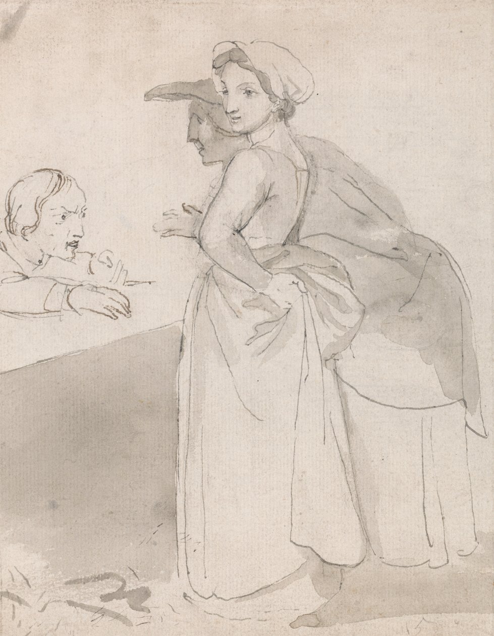 Dos mujeres hablan con un hombre en un mostrador de John Flaxman