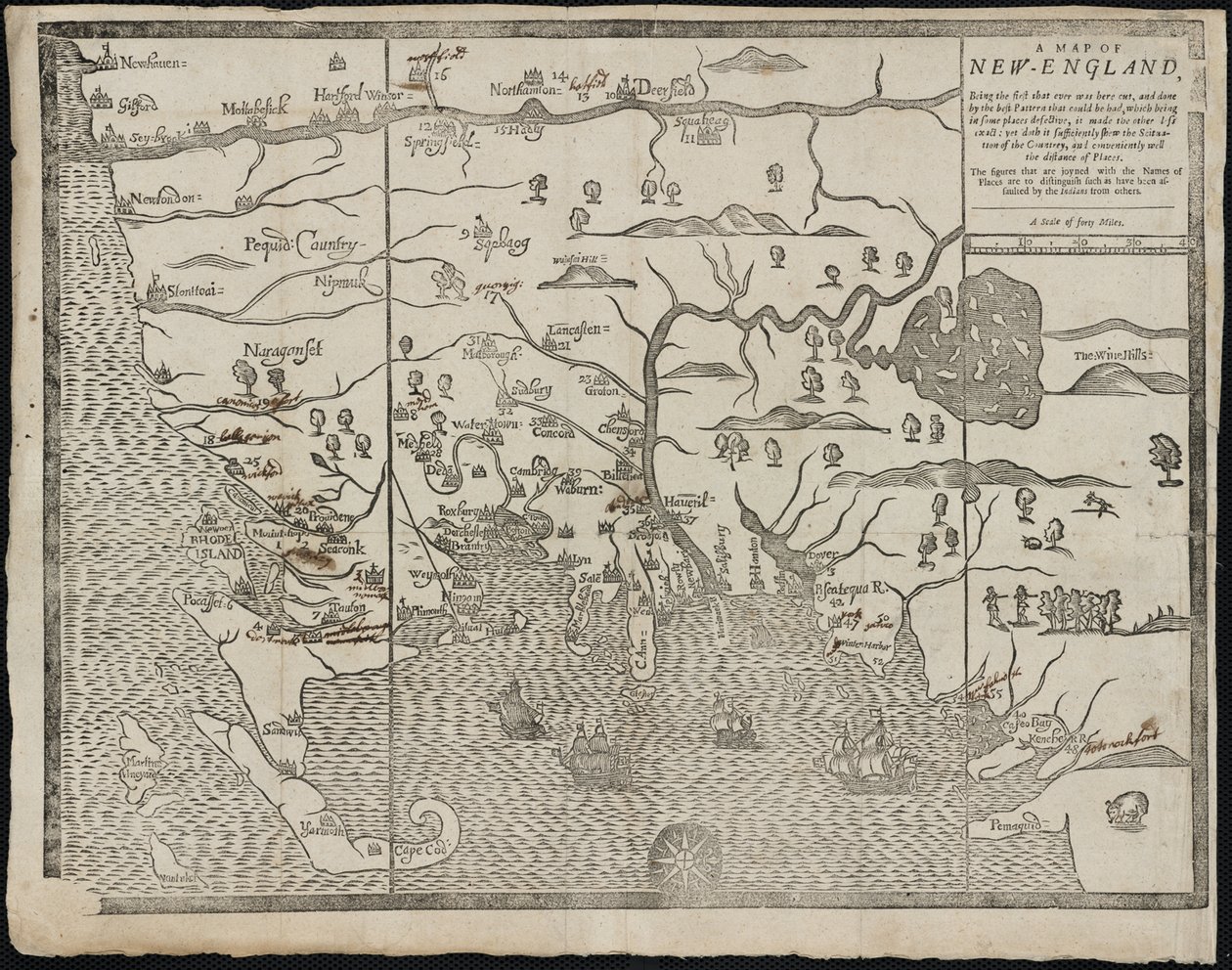 El mapa de Nueva Inglaterra. De: El estado actual de Nueva Inglaterra de William Hubbard de John Foster