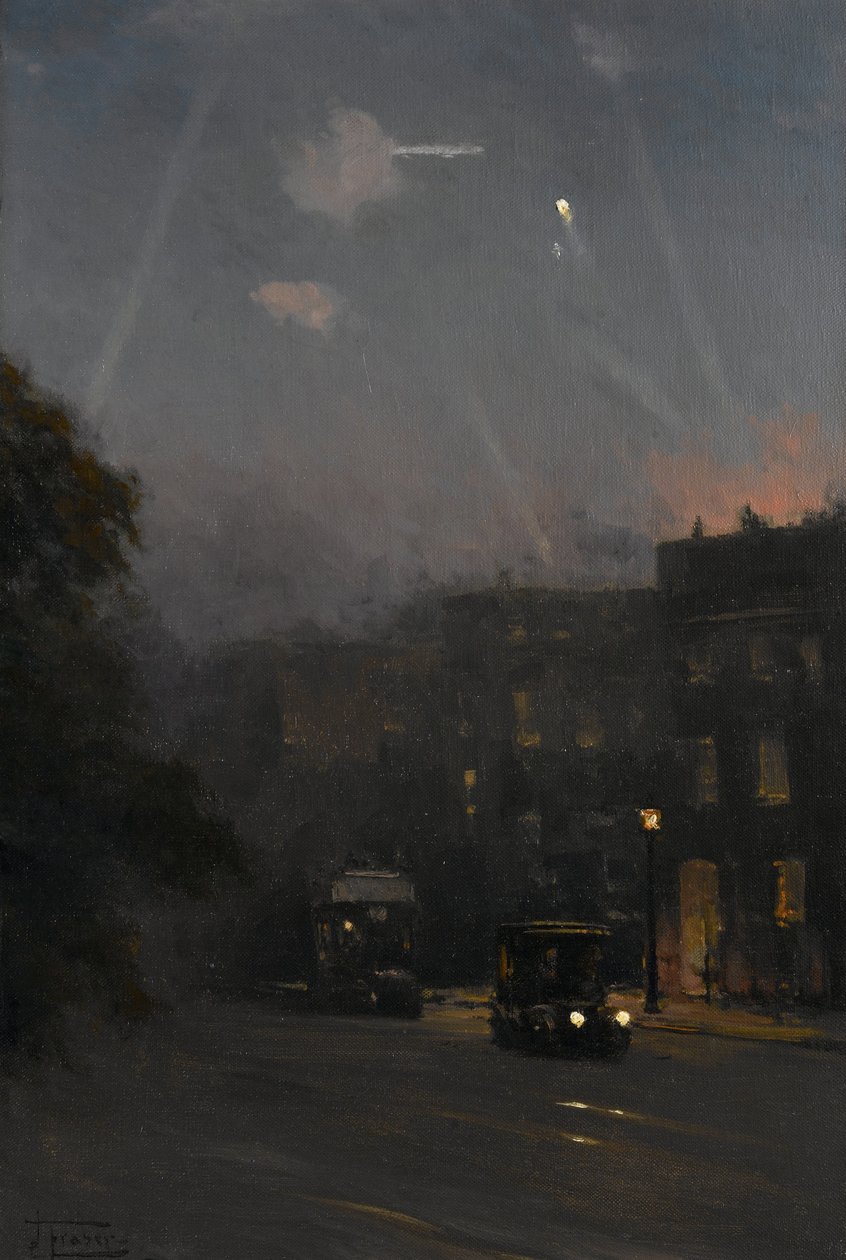 Un ataque de Zeppelin, 8 de octubre de 1915, c.1915-18 (óleo sobre lienzo) de John Fraser