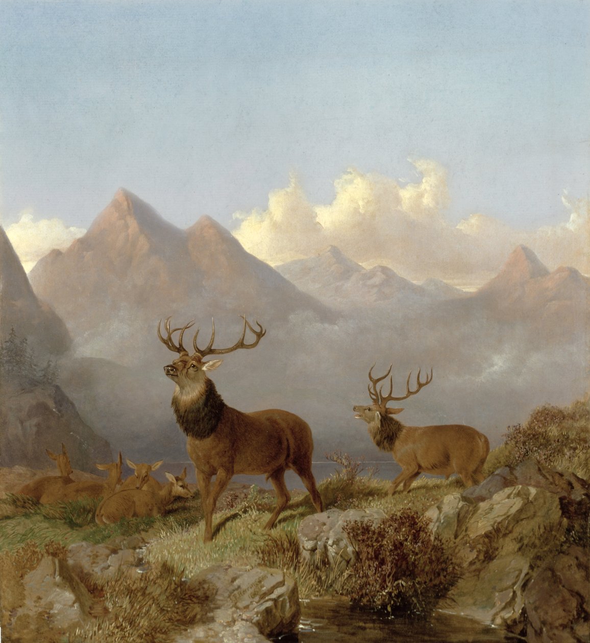 (detalle) Ciervos y Ciervas en un Paisaje de las Tierras Altas, 1864 de John Frederick Herring Junior