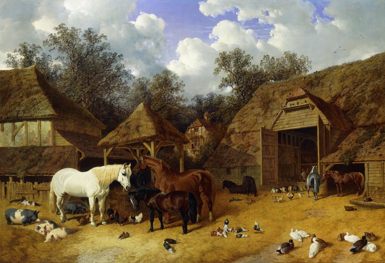 El corral del artista en Meopham, Kent, con caballos, ponis Shetland, cerdos, patos, palomas y gallinas, 1857 de John Frederick Herring Senior
