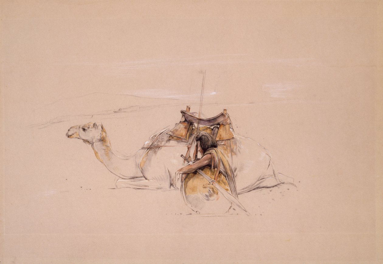 Un árabe bisharin por su camello (lápiz y acuarela) de John Frederick Lewis