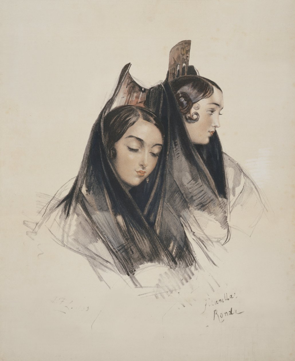 Chicas de la Ronda, Andalucía, lámina 11 de Sketches of Spain, grabado por Charles Joseph Hullmandel (1789-1850) publicado en 1836 de John Frederick Lewis