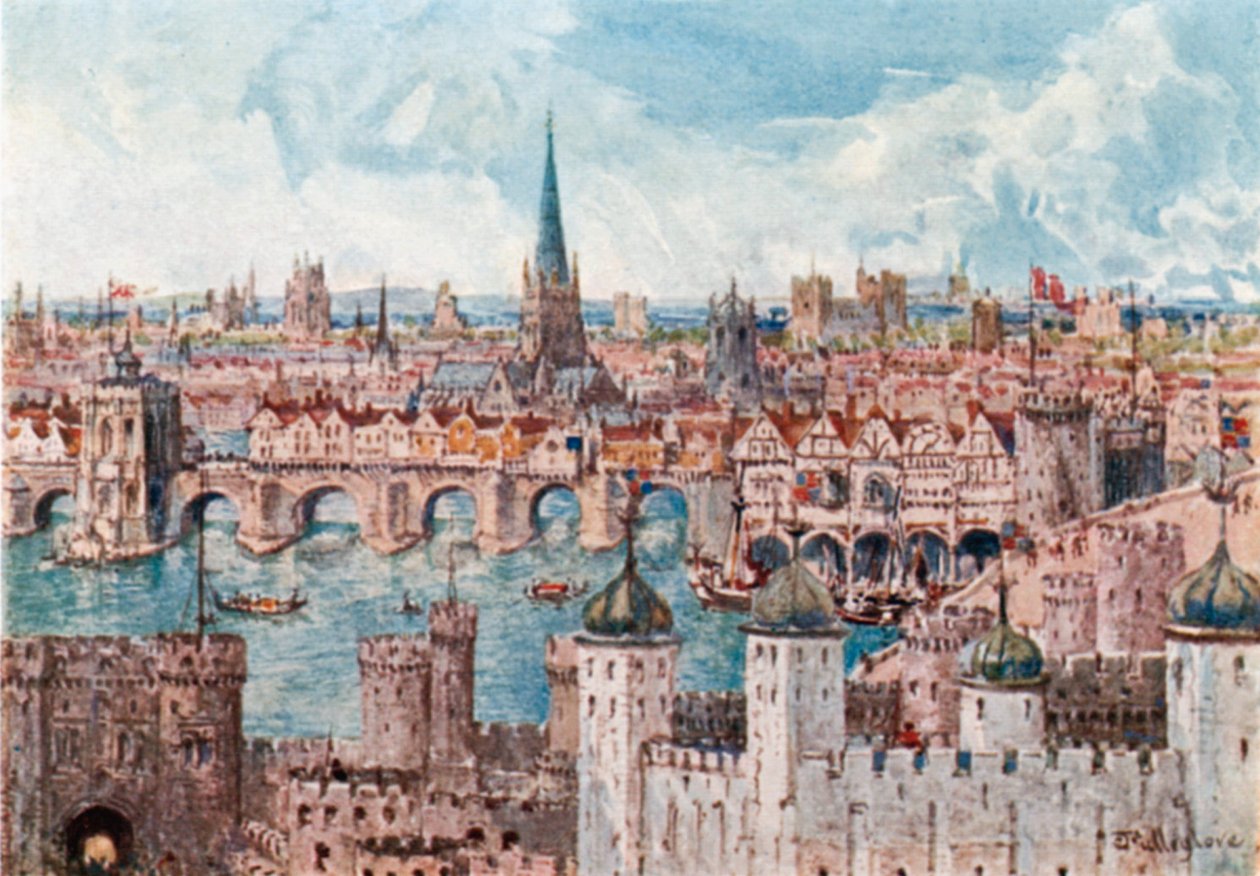 Old London Bridge en 1386 (litografía en color) de John Fulleylove
