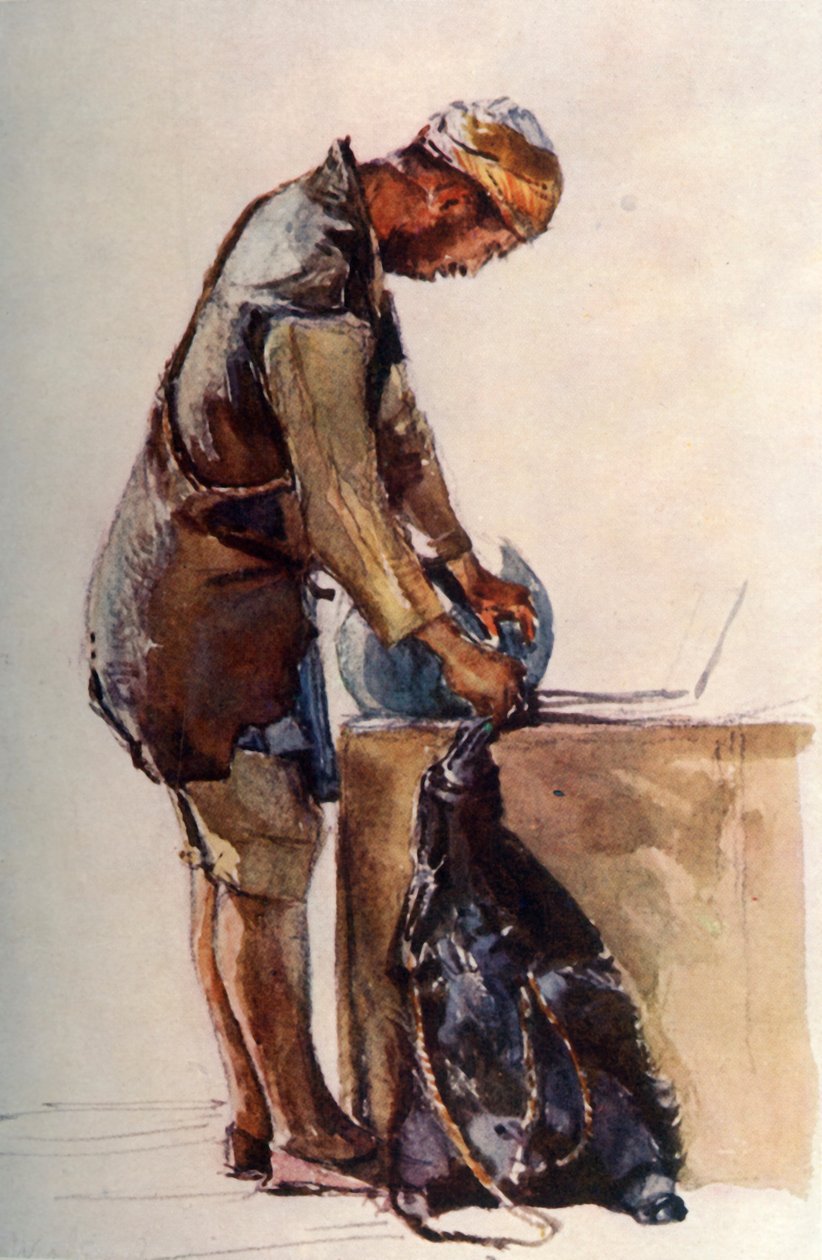 Portador de agua llenando piel, Jerusalén, 1902 de John Fulleylove