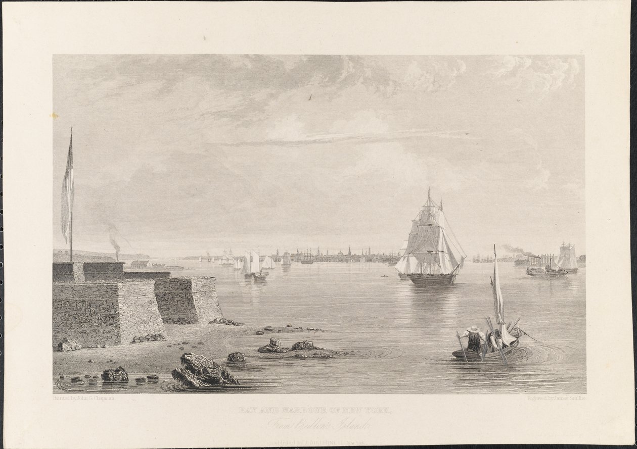 Bahía y Puerto de Nueva York desde la Isla de Bedlon, grabado por James Smillie, c.1840 (grabado) de John Gadsby Chapman
