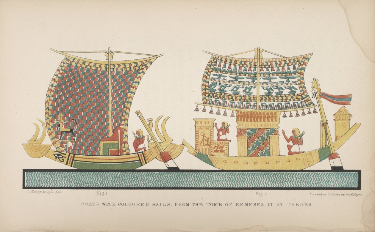 Barcos con velas de colores, de la Tumba de Ramsés III en Tebas, ilustración de Manners and Customs of the ancient Egyptians..., 1837-41 de John Gardner Wilkinson