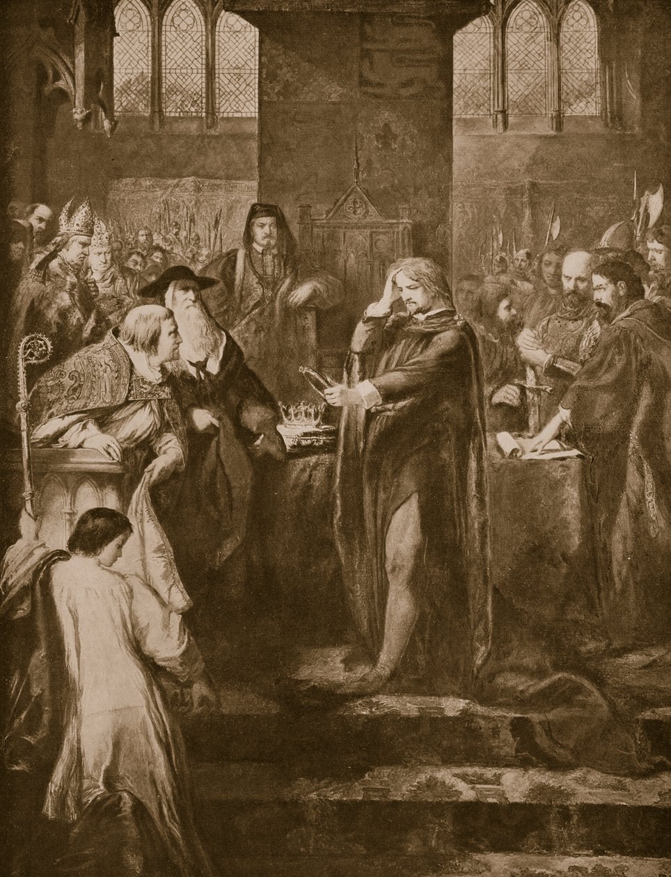 El rey Ricardo II renunciando a la corona a su primo Bolingbroke, ilustración de 