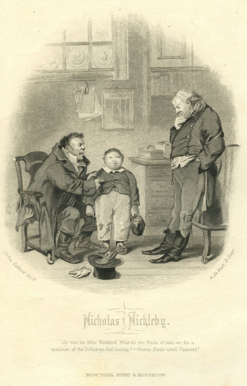 Nicholas Nickleby: Wackford Squeers y el joven Wackford Squeers, grabado por H.B. Hall und Sons, 1867 de John Gilbert