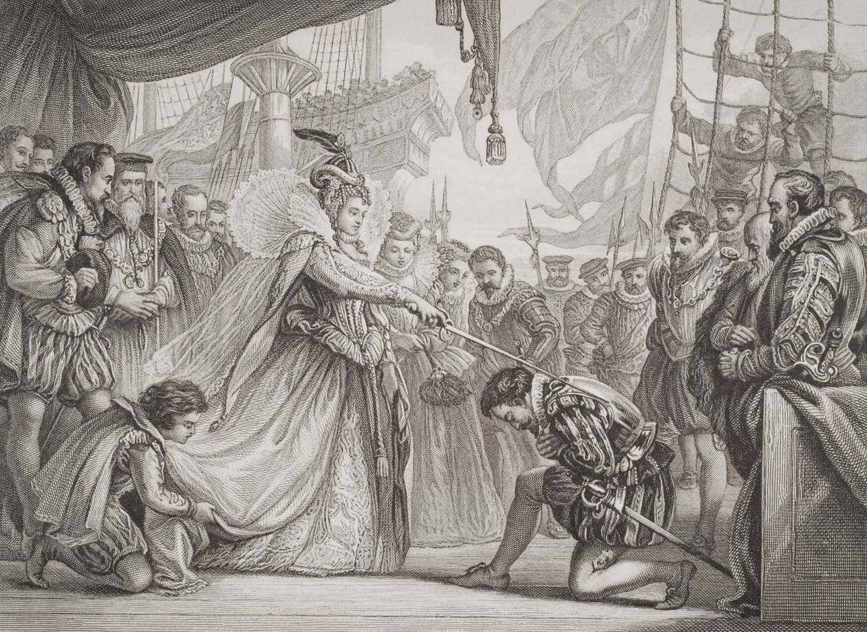 La reina Isabel I (1530-1603) nombrando caballero a Francis Drake (1540-96) de 