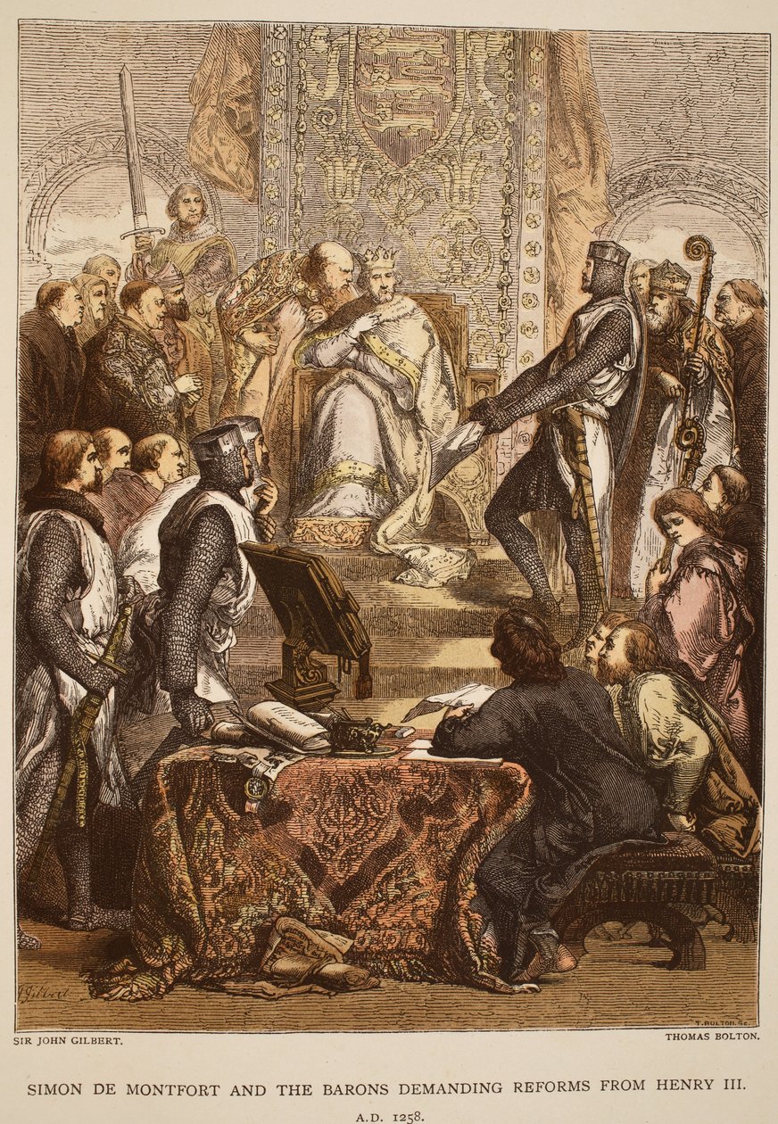 Simón de Montfort y los barones exigiendo reformas a Enrique III, 1258, grabado por Thomas Bolton de John Gilbert