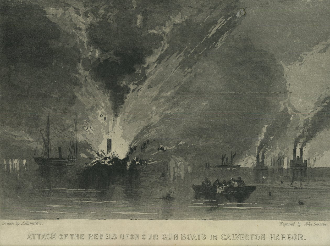 Ataque de los rebeldes a nuestros barcos cañoneros en el puerto de Galveston, c.1863 de John Hamilton