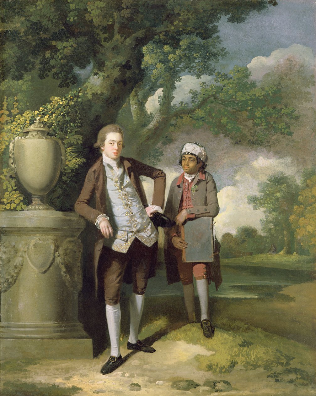 Un joven con su sirviente indio sosteniendo una carpeta de John Hamilton Mortimer