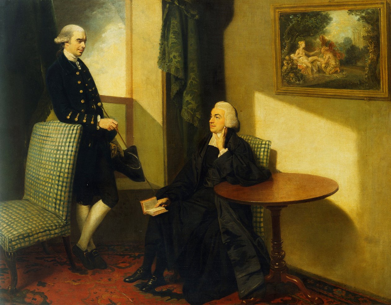 Doble retrato del reverendo John Cocks y James Cocks, ambos de cuerpo entero, el primero con vestimenta clerical sentado en una silla tapizada en azul y blanco, el segundo con un abrigo y chaleco azul apoyado en una silla similar, en un interior de John Hamilton Mortimer