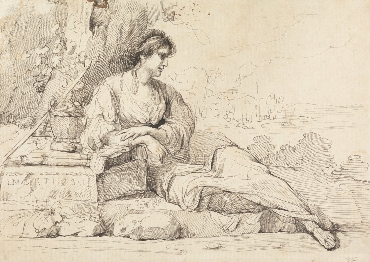 Figura femenina reclinada en un paisaje italiano de John Hamilton Mortimer