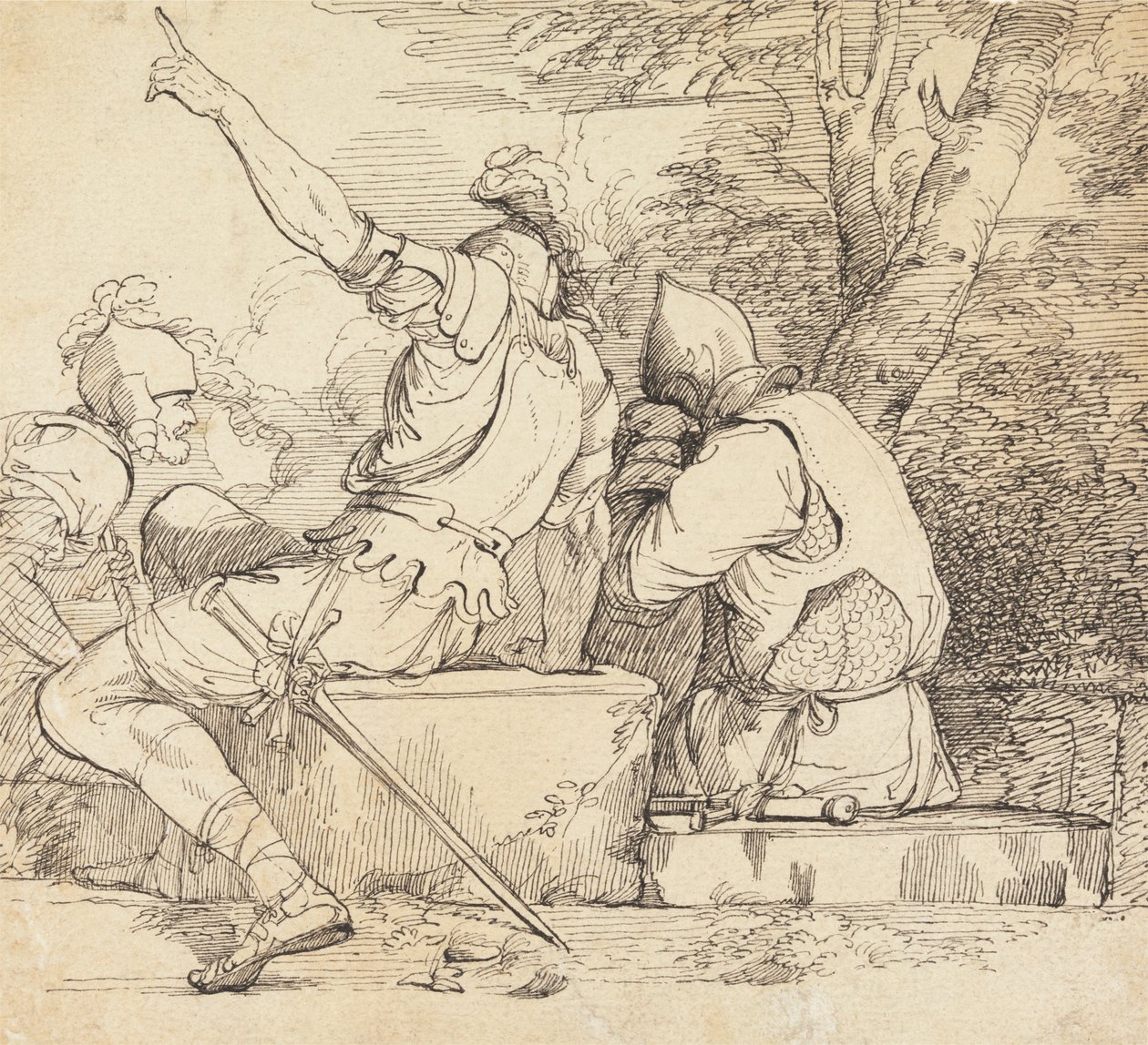 Tres soldados con armadura sentados sobre bloques de piedra de John Hamilton Mortimer
