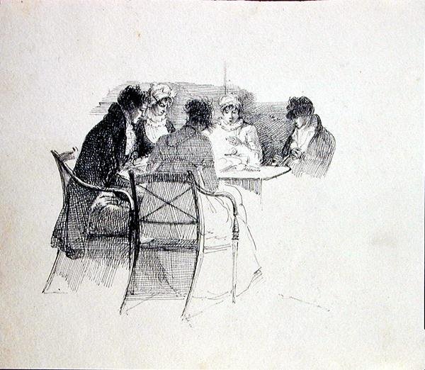 Grupo reunido alrededor de una mesa de John Harden