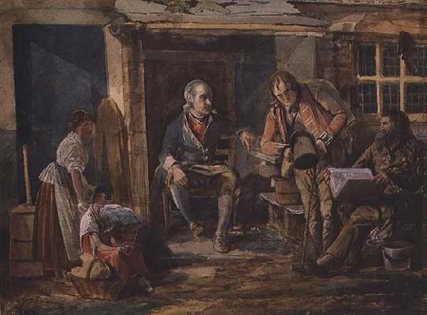 Grupo incluyendo un soldado fuera de la puerta de una cabaña de John Harden