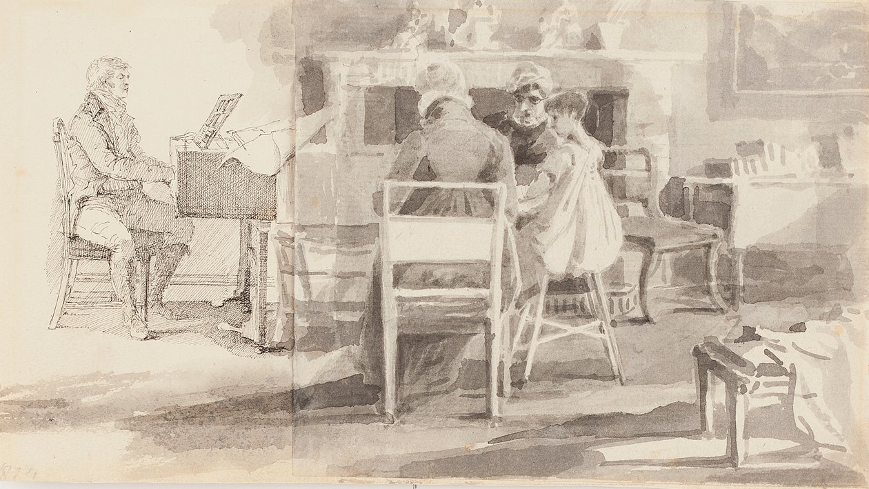 Hombre al piano con tres personas sentadas de John Harden