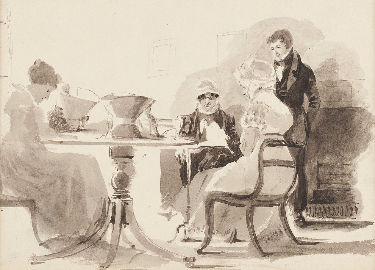 Hombre de pie en una mesa con tres mujeres sentadas de John Harden