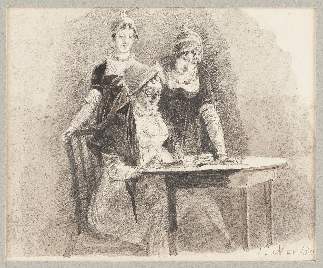 Tres en una mesa, uno sentado, 1807 de John Harden