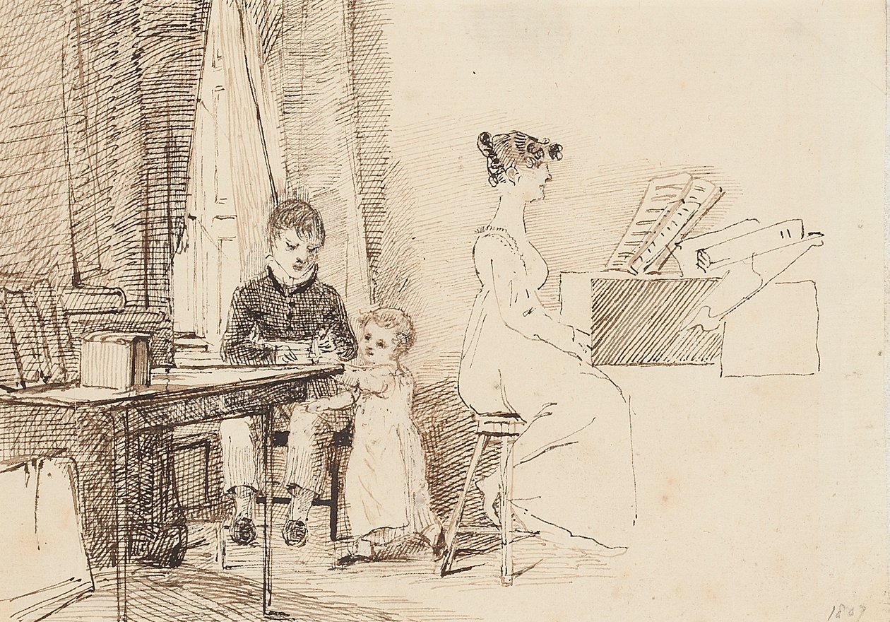 Dos niños y una mujer en el piano, 1807 de John Harden